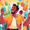 A colorful cartoon-style image of a smiling person confidently juggling various non-alcoholic drinks (like sparkling water, fruit juice, and mocktails) whi