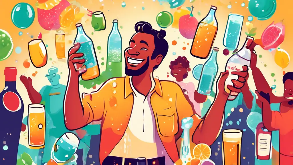 A colorful cartoon-style image of a smiling person confidently juggling various non-alcoholic drinks (like sparkling water, fruit juice, and mocktails) whi