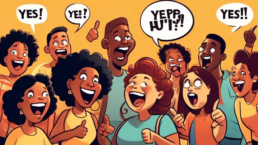 A cartoon-style image showing a group of diverse, expressive characters reacting with exaggerated enthusiasm. Each person is using a different funny way to