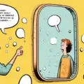 A comic-style illustration showing a person standing in front of a large mirror, with multiple thought bubbles around their head. Each bubble contains a hu