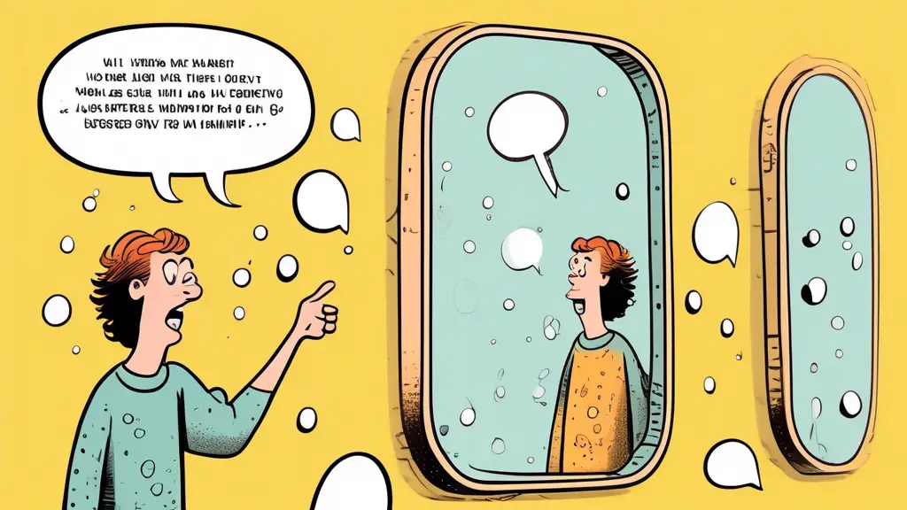 A comic-style illustration showing a person standing in front of a large mirror, with multiple thought bubbles around their head. Each bubble contains a hu