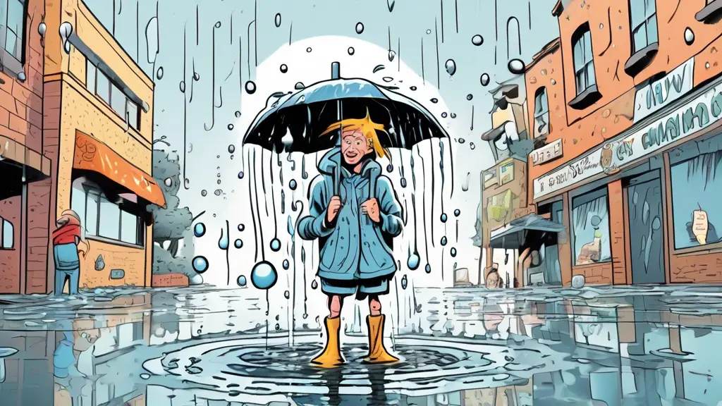 A cartoon-style image of a drenched, comically exaggerated person standing in a puddle, wearing a soaked outfit with water dripping everywhere. They have a