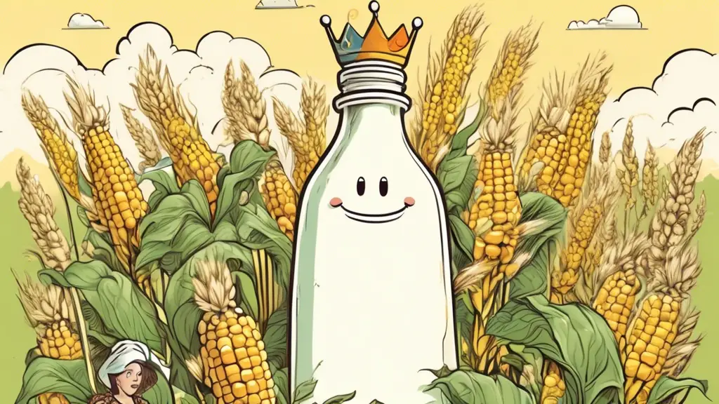 A cartoon-style illustration showing a smiling person standing atop a giant, comical milk bottle labeled Cream, surrounded by various crop plants. The pers