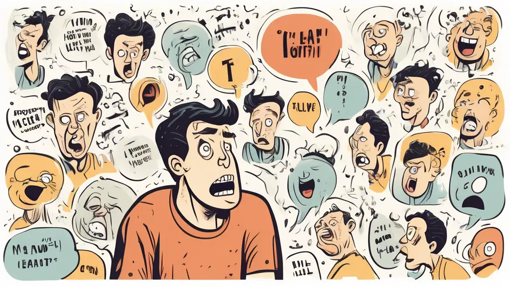 A cartoon-style illustration showing a nervous man surrounded by 10 comical speech bubbles, each containing a different absurd or exaggerated way of saying