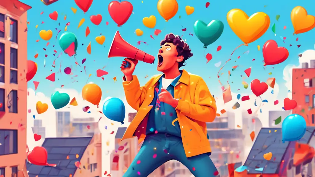 A colorful cartoon-style image of a person standing on a rooftop with a megaphone, surrounded by various comical props like oversized dating app icons, hea