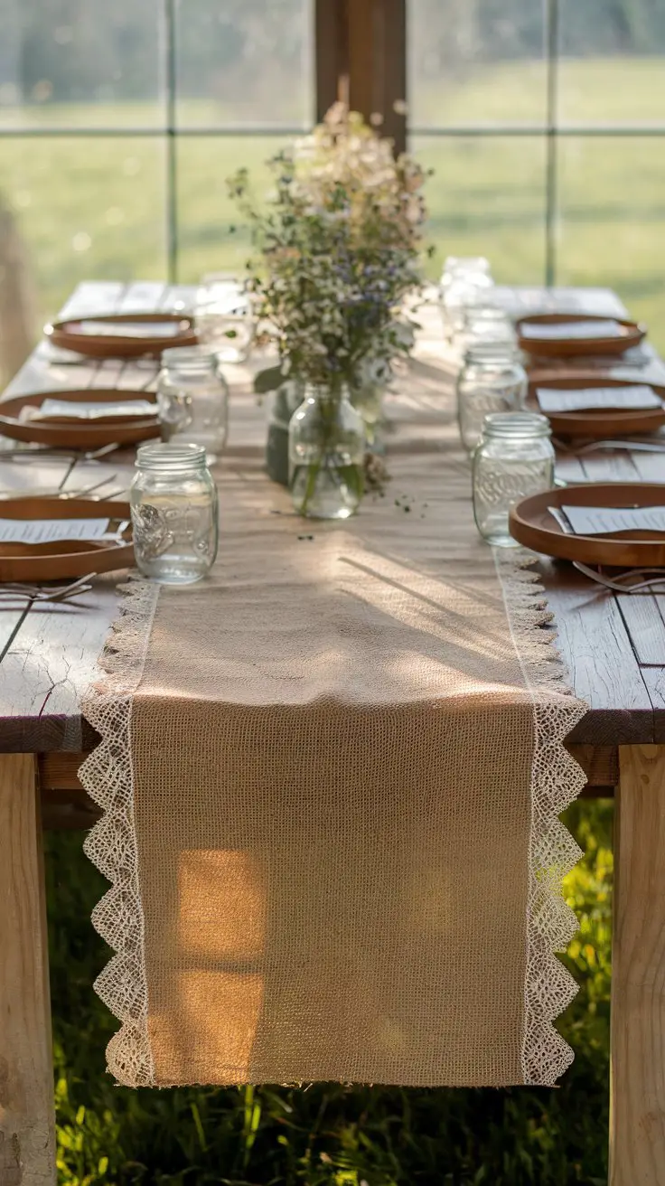 Burlap Table Runners with Lace Trim