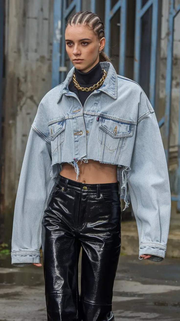 Cropped Denim Jacket + Leather Pants (mixing textures like a pro)