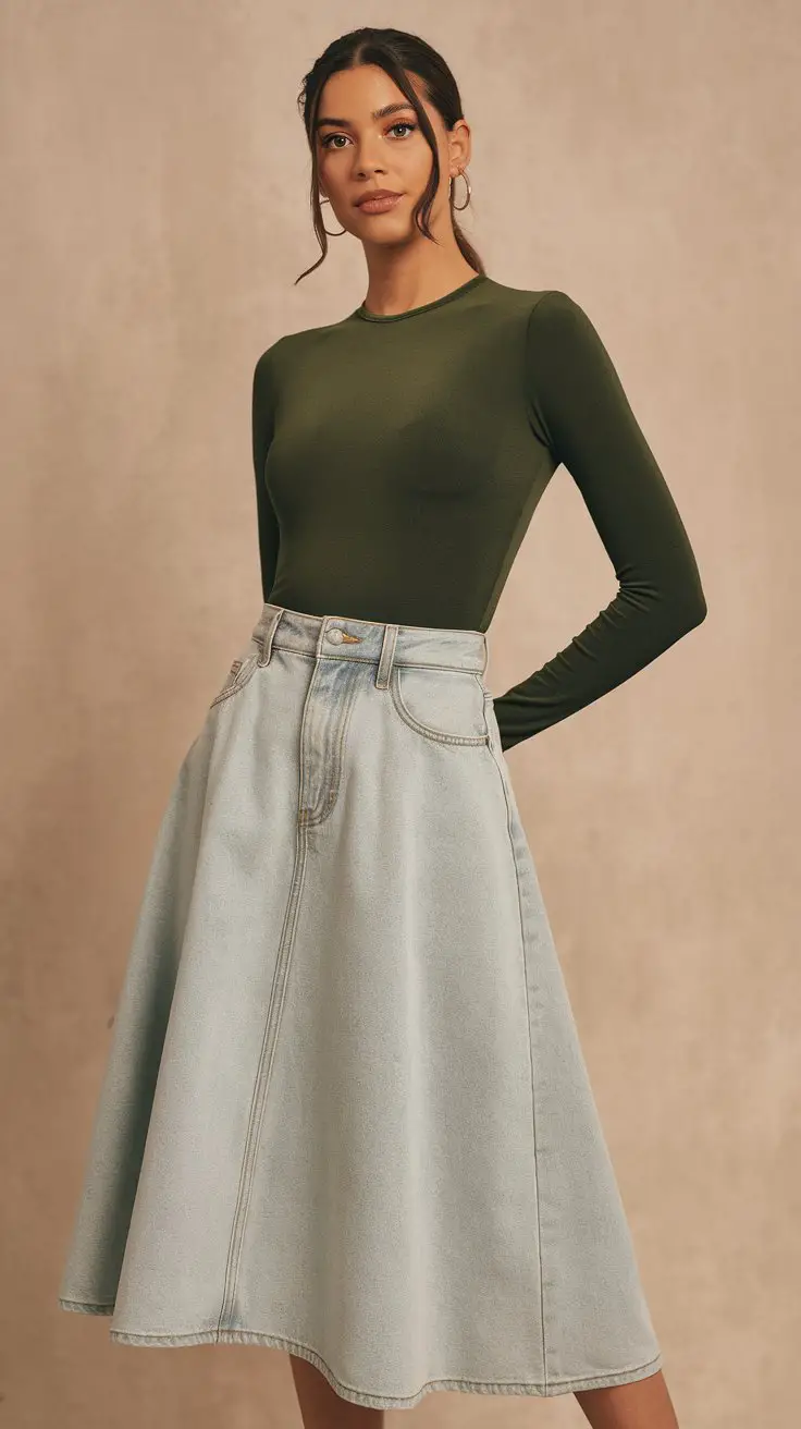 Dark Green Bodysuit + Denim Skirt (That Retro Vibe)