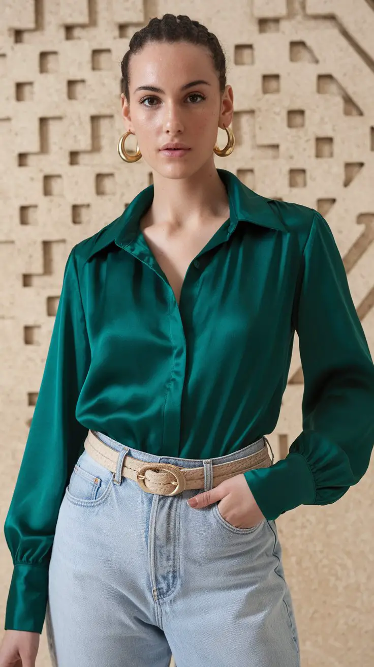 Emerald Silk Blouse with Mom Jeans (The Fancy-Casual Mix We Live For)
