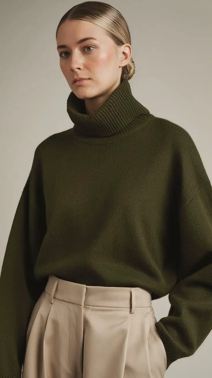 Forest Green Turtleneck + Beige Trousers (Minimalist Queen Energy)