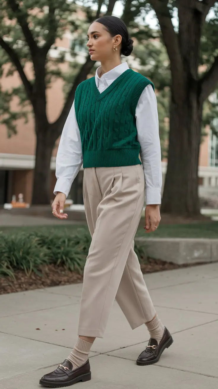 Green Knit Vest + White Button-Up (Preppy Princess)