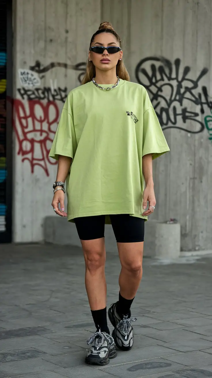 Lime Green Oversized Tee + Biker Shorts (Effortless Streetwear Queen)