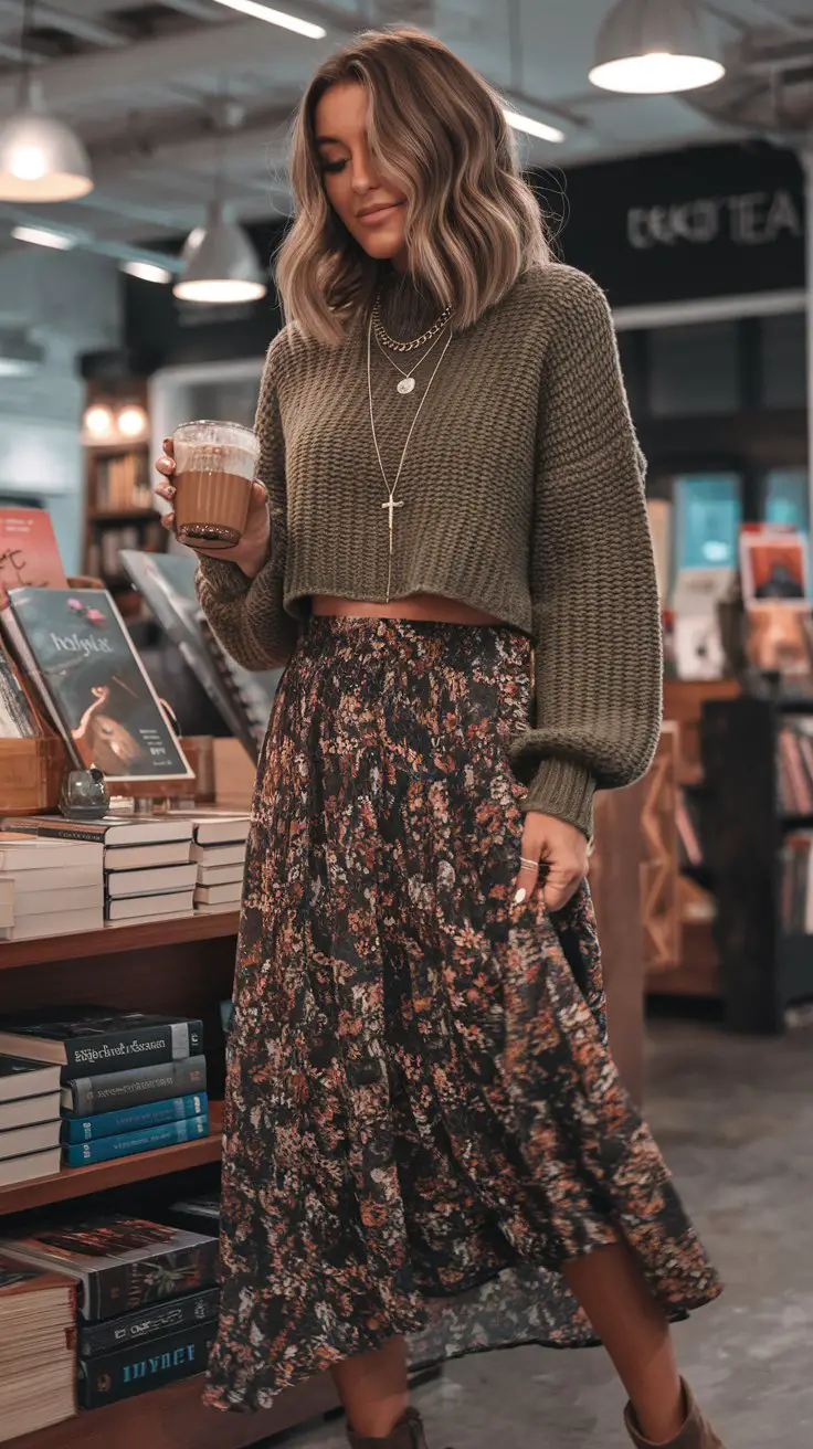 Olive Green Crop Sweater + Midi Skirt (Cozy but Make It Cute)
