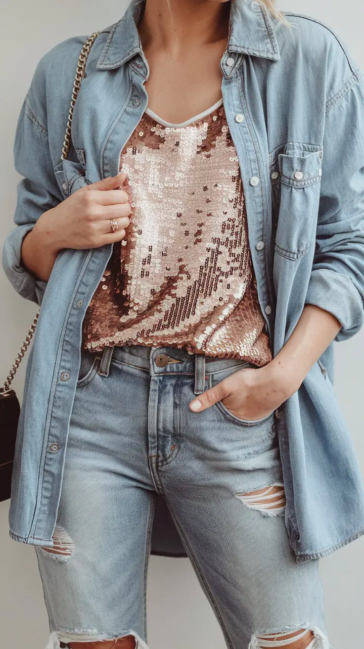 Ripped Boyfriend Jeans & Sparkly Top (casual but make it glam)