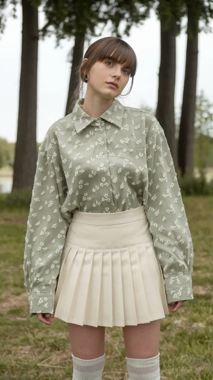 Sage Button-Up + Pleated Skirt (Soft Girl Aesthetic Unlocked)