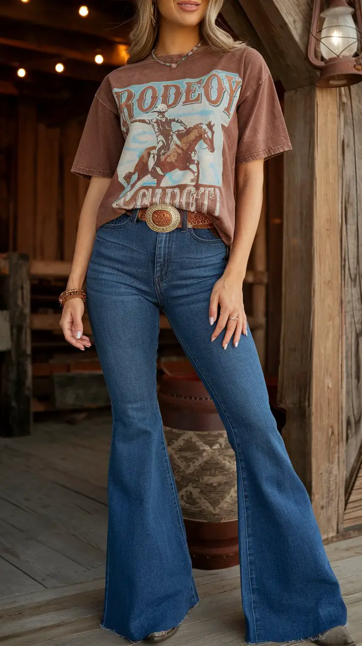 Vintage Rodeo Tee + Flared Pants (Retro Country Queen)