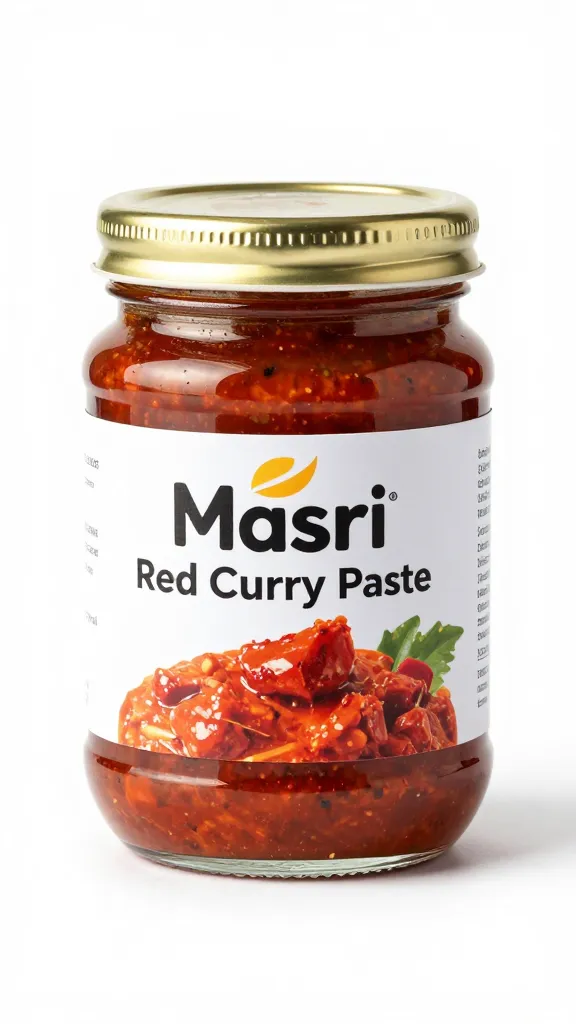 Maesri red curry paste can, studio lighting, label facing