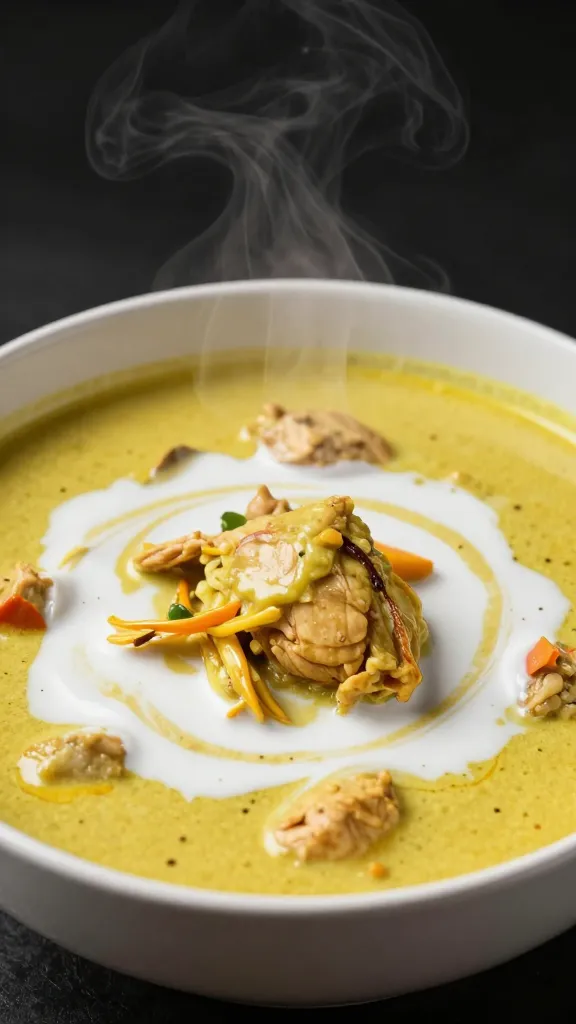 steaming bowl of chicken curry soup with coconut milk swirl