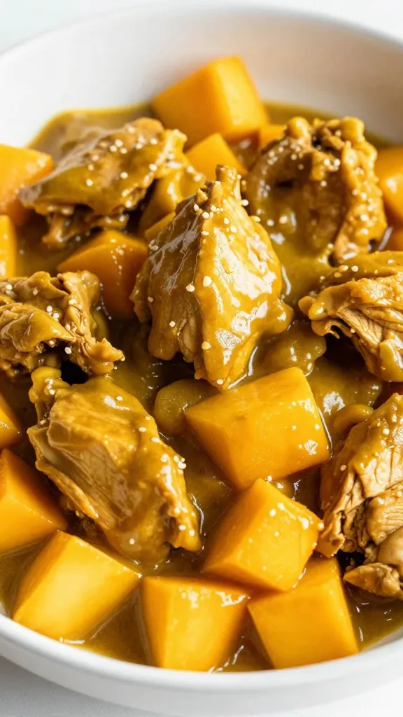 closeup bowl of curry chicken salad with diced mango