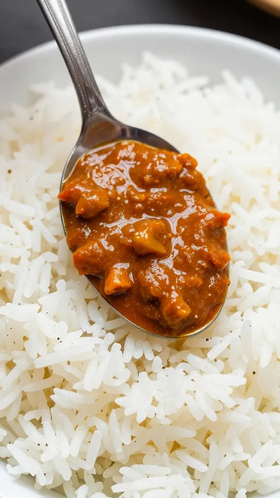 Spoonful of fiery curry sauce over steamed basmati rice