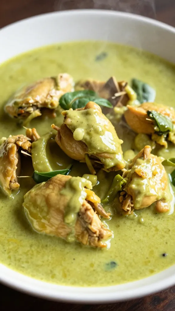 steaming bowl of chicken green curry, glossy coconut sauce