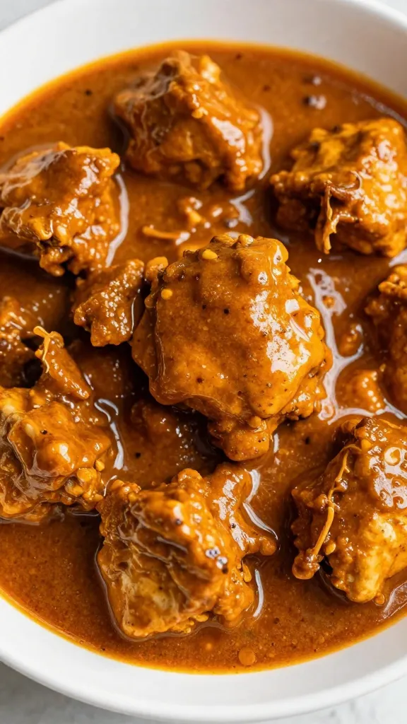 closeup bowl of Indian chicken curry with glossy sauce