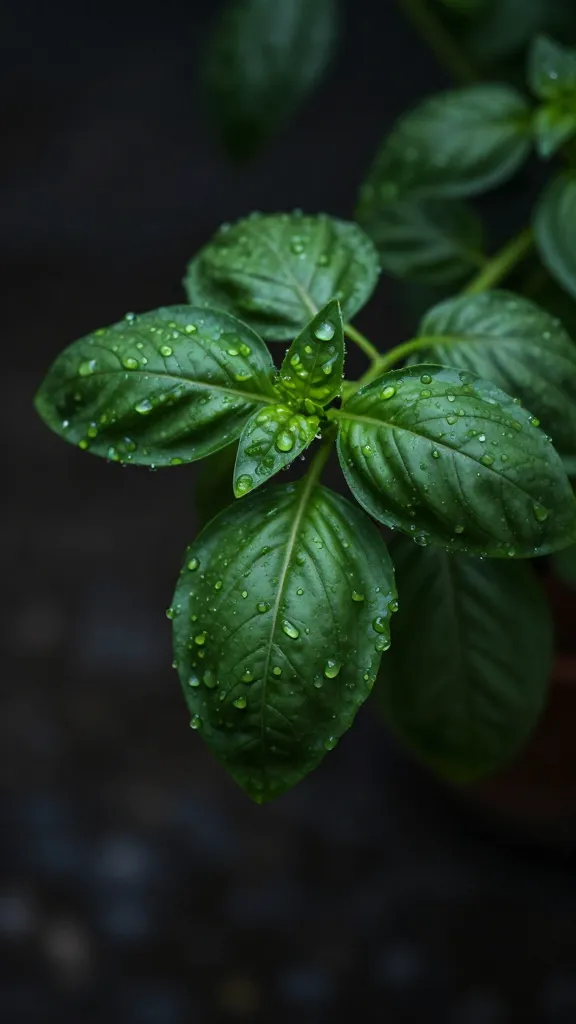Thai basil sprig with water droplets, moody light
