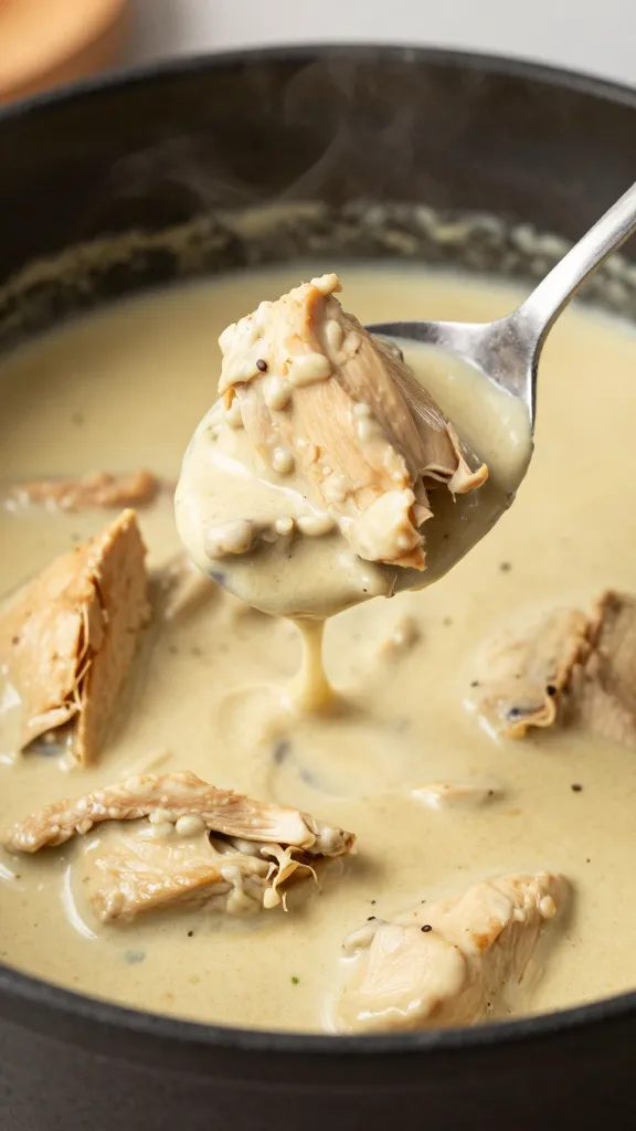 spoonful of creamy chicken curry lifted over pot