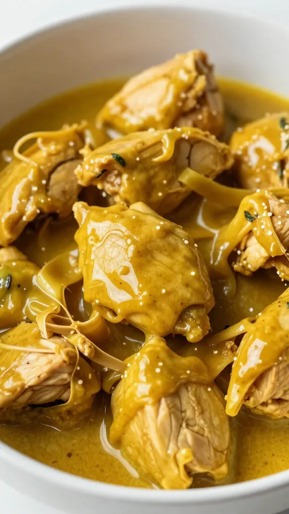 closeup bowl of chicken curry salad with golden dressing