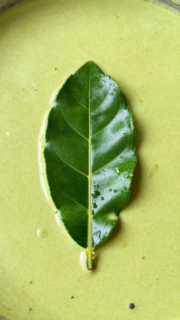 single kaffir lime leaf atop green curry surface