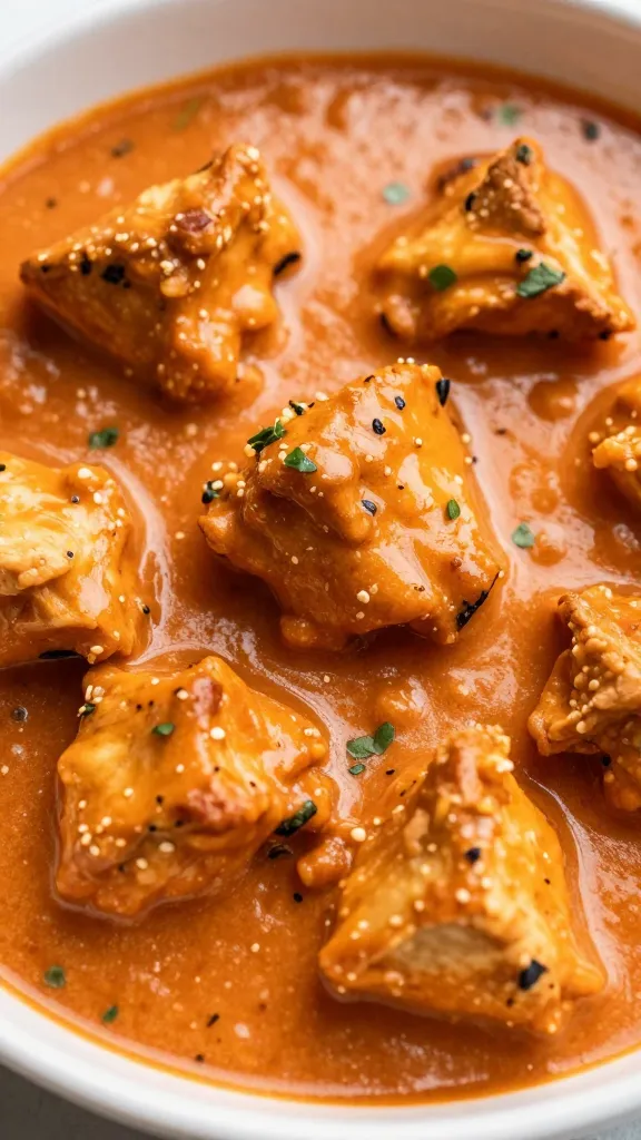 Closeup bowl of butter chicken in creamy tomato sauce