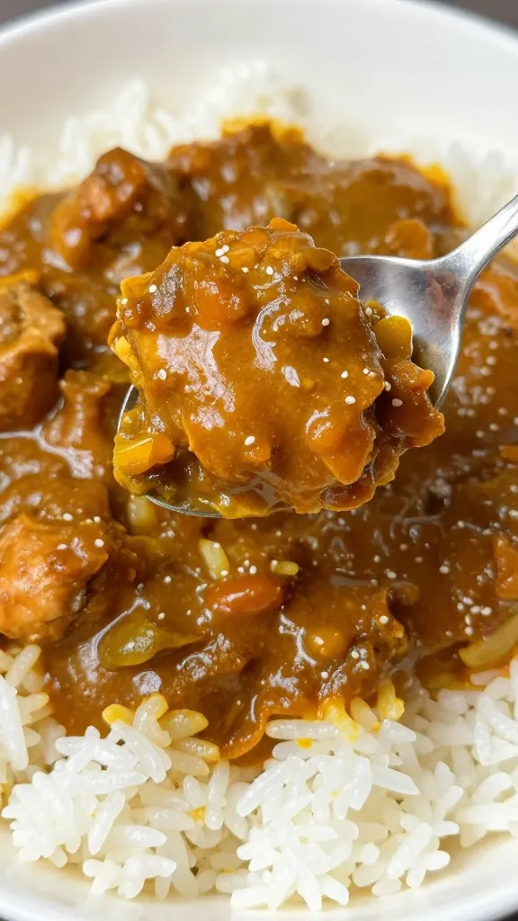 spoonful of thick chicken thigh curry over steamed rice