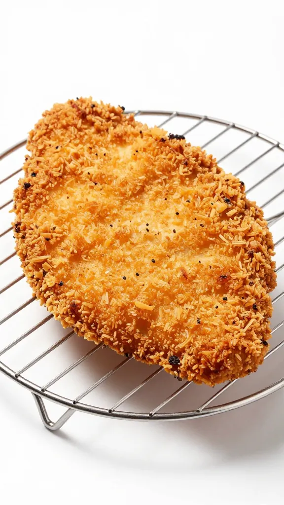 panko-breaded chicken cutlet on wire rack, studio lighting