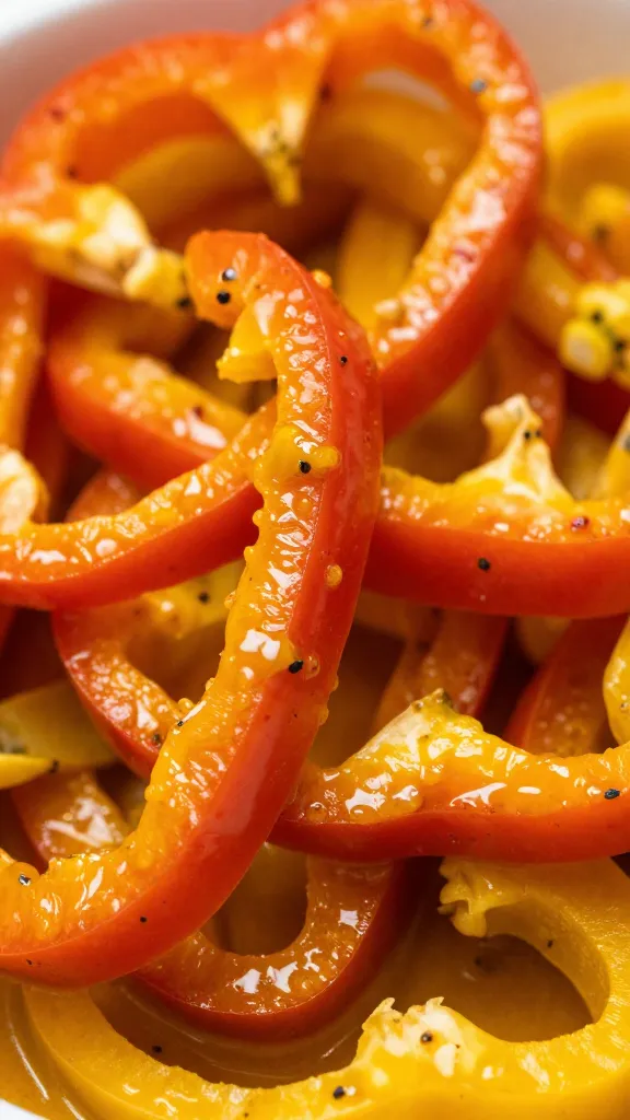 sliced bell pepper coated in curry roux, macro shot