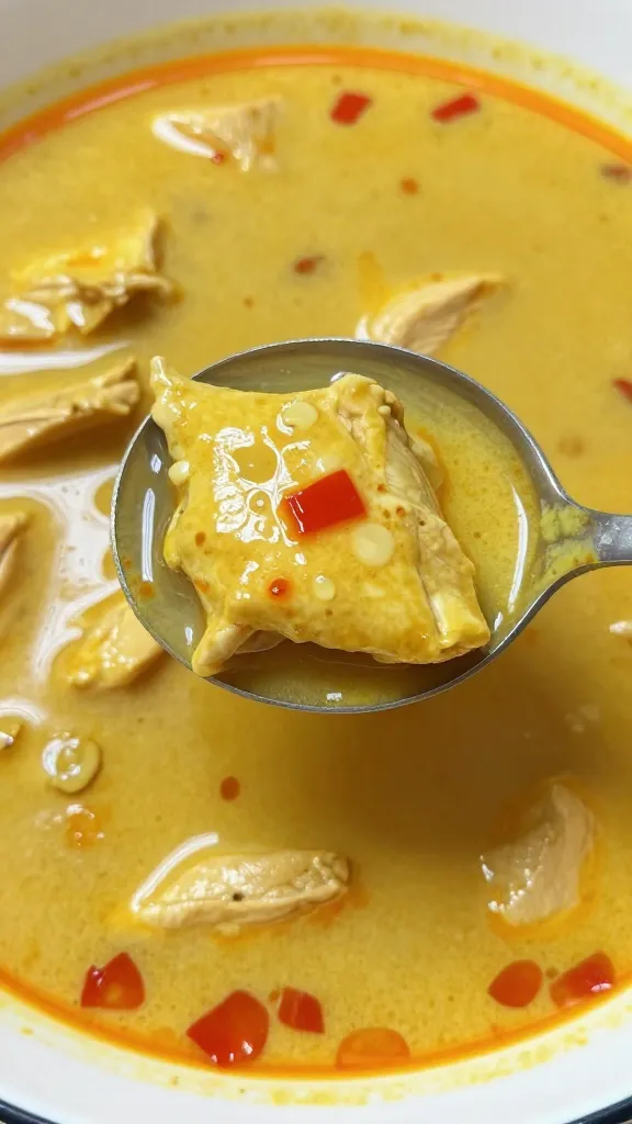 closeup spoonful of chicken curry broth with chili oil
