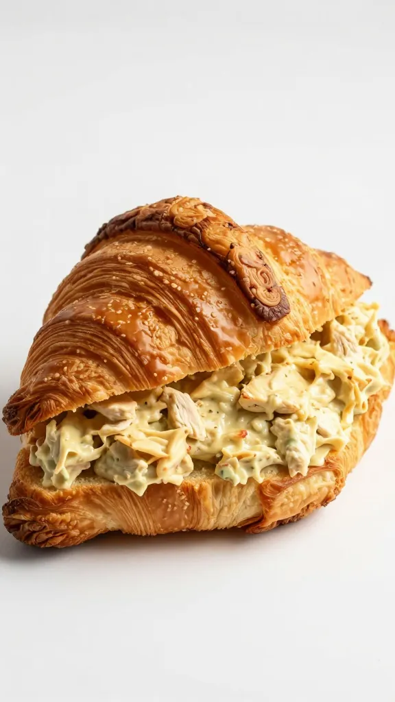 single croissant sandwich filled with curry chicken salad