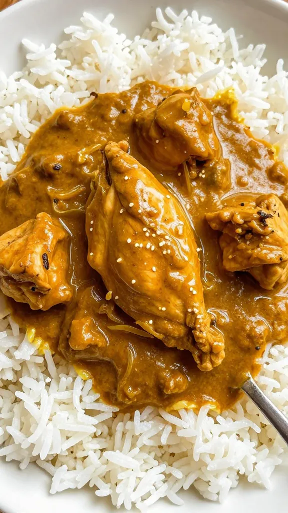 spoonful of tender chicken curry over steamed basmati rice