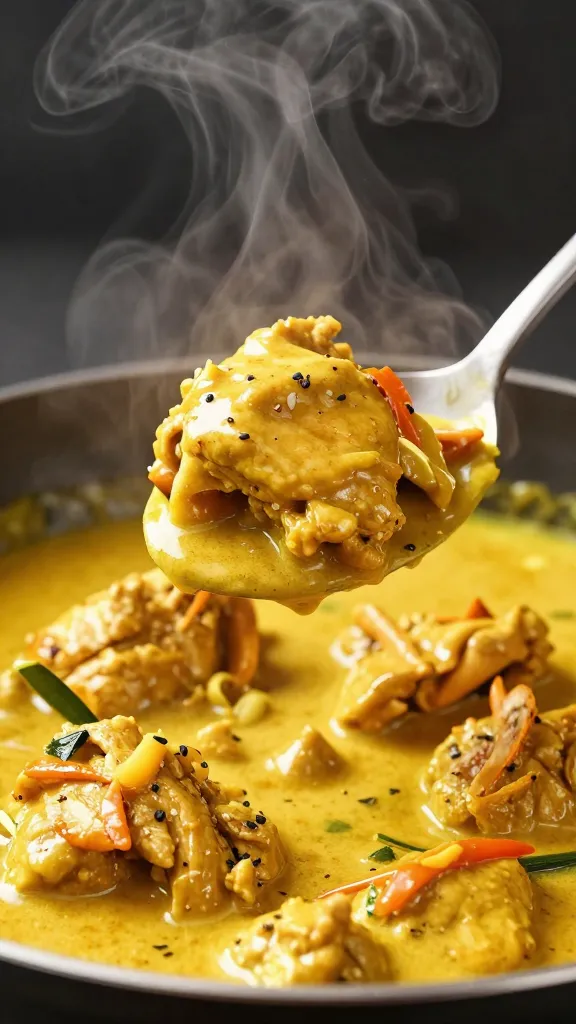 spoon lifting saucy chicken curry, steam visible