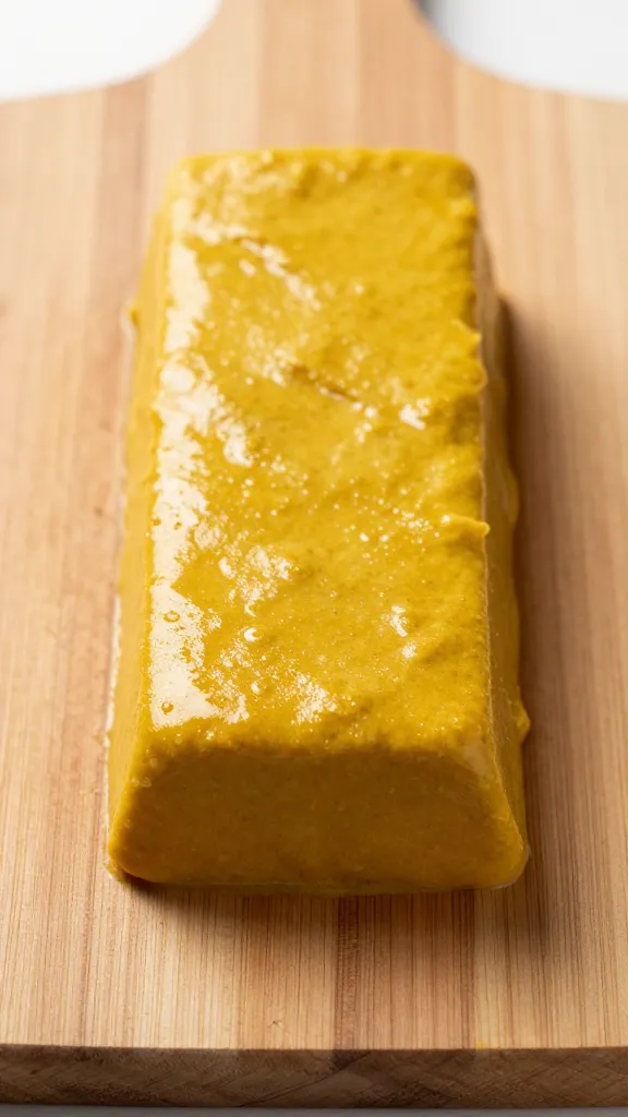 single golden curry roux block on wooden cutting board