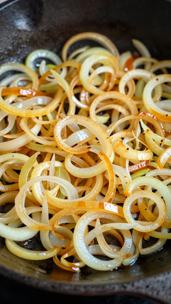 closeup sautéed onions turning golden in cast-iron skillet