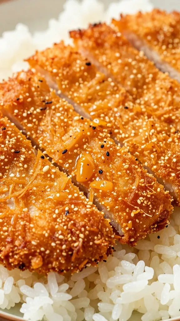 closeup chicken katsu cutlet sliced on steamed rice