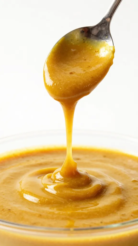 spoon dipped in thick curry sauce, dripping golden glaze