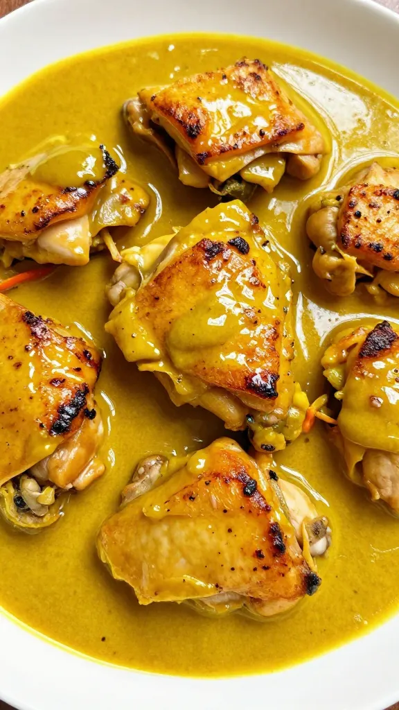 seared chicken thigh pieces in golden curry sauce
