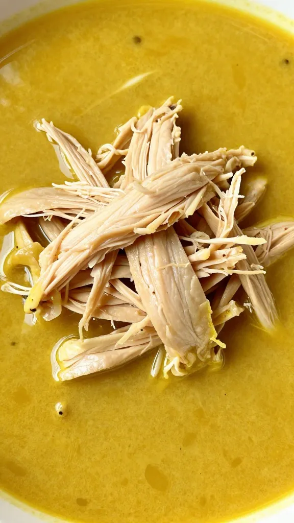 closeup of tender shredded chicken in golden curry broth