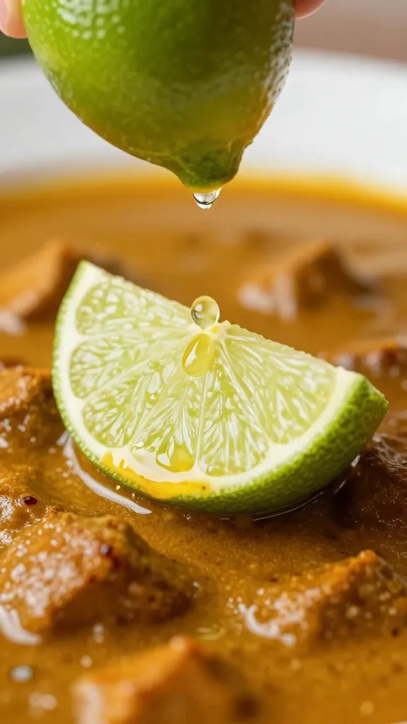 lime wedge squeezed over curry, macro shot droplets visible