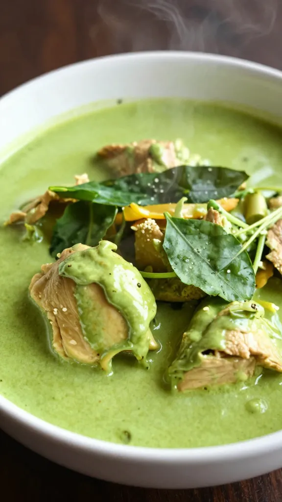 steaming bowl of Thai green chicken curry, emerald sauce