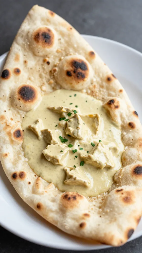 single naan dipped in creamy chicken curry sauce