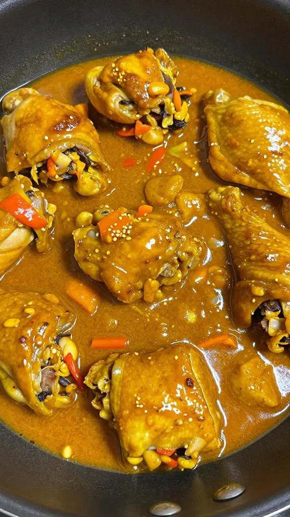 chicken thigh pieces simmering in spiced curry sauce