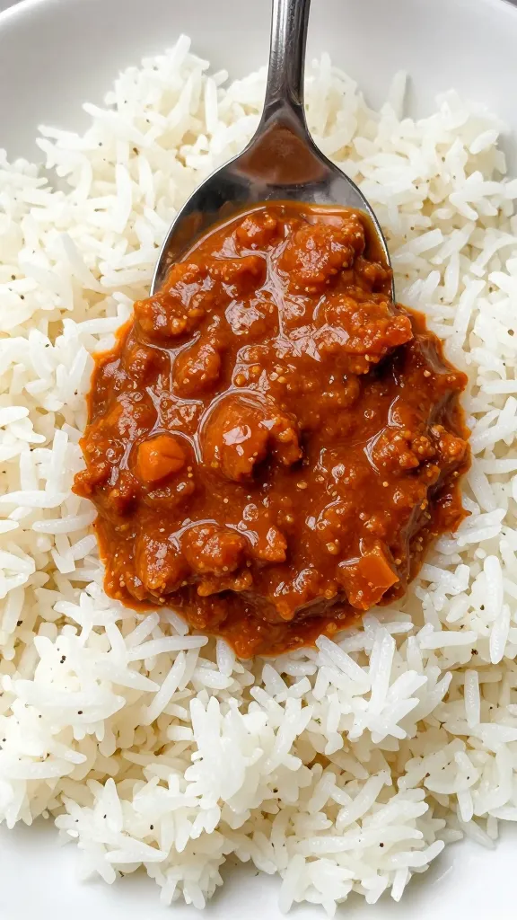 spoonful of red curry sauce over jasmine rice, overhead