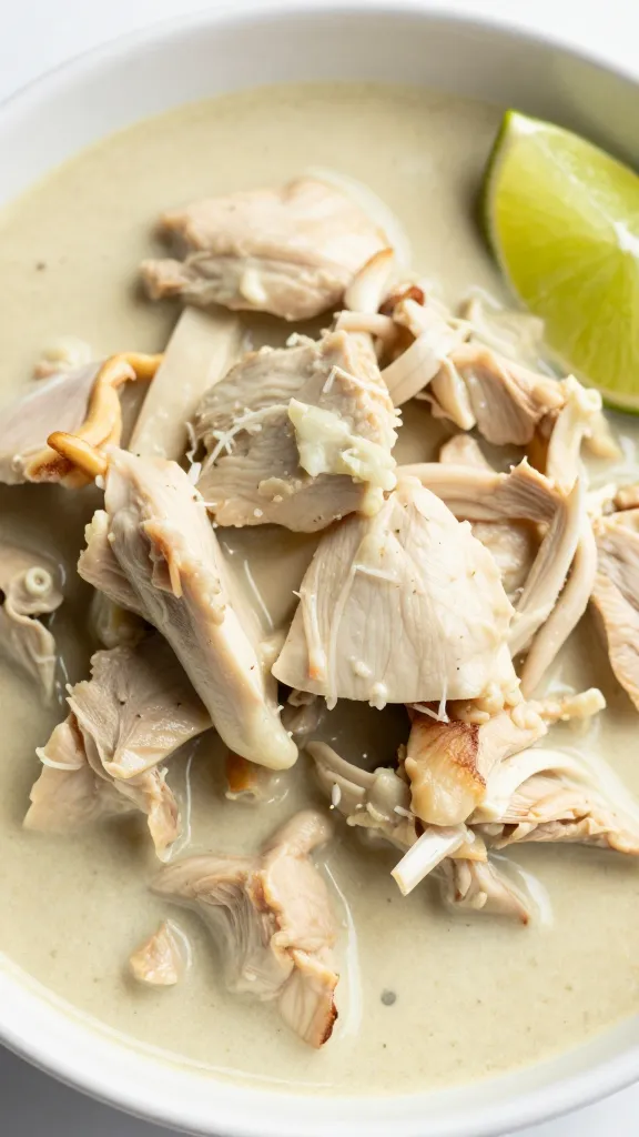 closeup bowl of coconut chicken curry with lime wedge